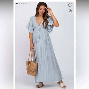 Pinkblush Light Blue Deep V-Neck Button Down Bump Friendly Maxi Dress - Small
